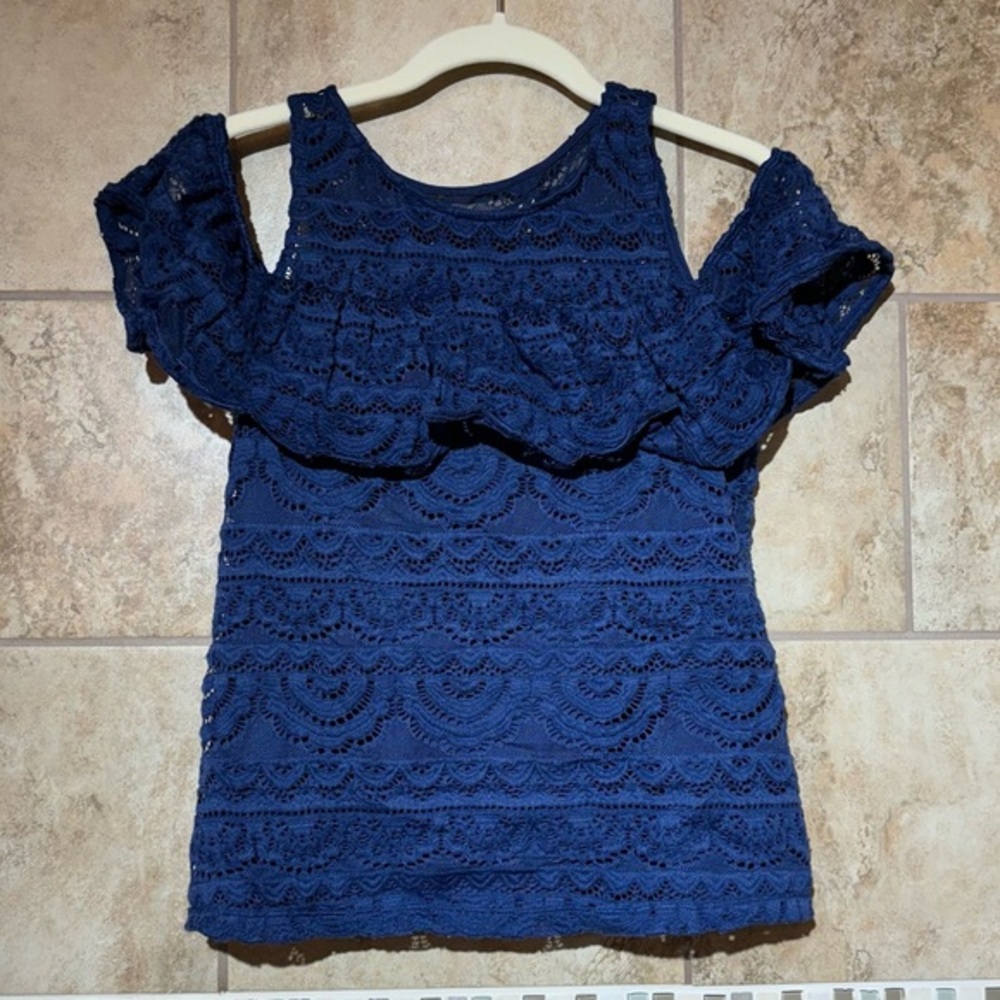Lilly Pulitzer Women's Lyra Lace Flounced Scallop Blouse Blue XS Short Sleeve